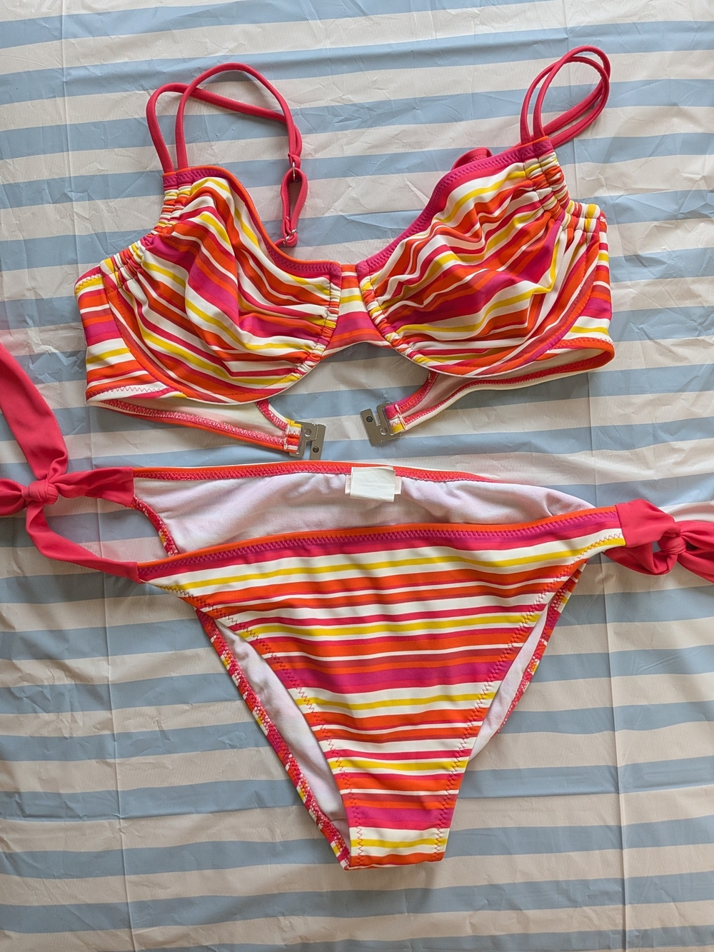 Striped Tie-Side Bikini Set - Pink Multi